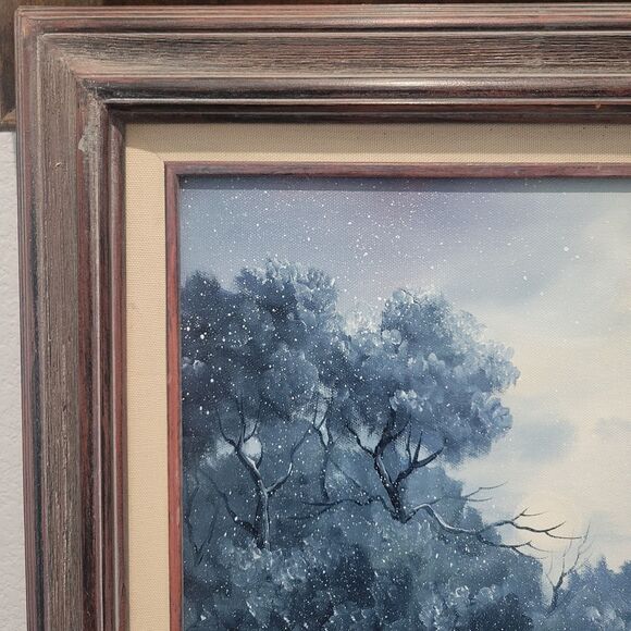 Vtg Oil Painting 25"x21" Canvas Snow Cabin stream Trees Water Sgn BD Pollard '93 - Picture 7 of 16